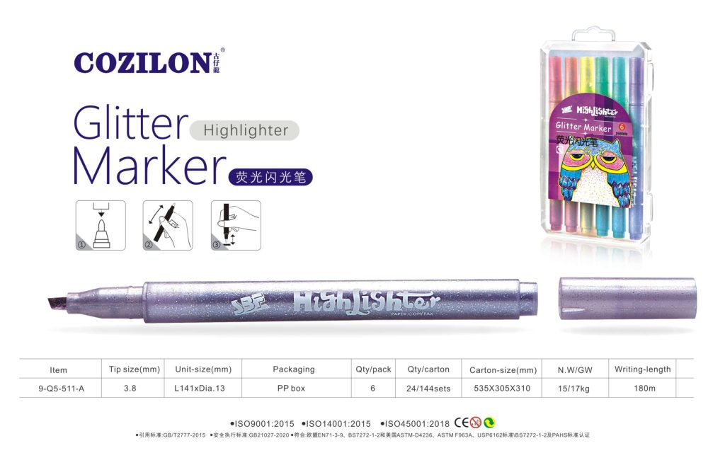 Glitter Marker Pen Set, Metallic Highlighters