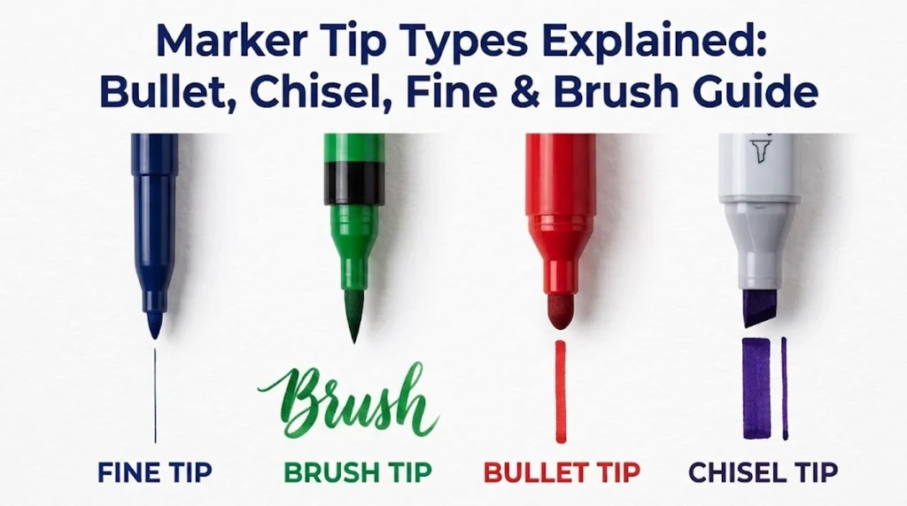 Marker tip types comparison showing bullet tip chisel tip fine tip and brush tip with line width output versatility and application guidance for art office industrial and education use